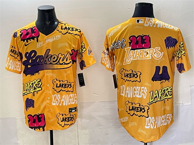 Men's Yellow Los Angeles Lakers Team Big Logo Limited Stitched Baseball Jersey